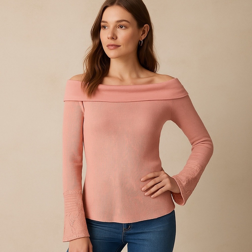 Sundance Women Pink Waffle Knit Off Shoulder Lace Sleeve Thermal Top S Boho Cozy
